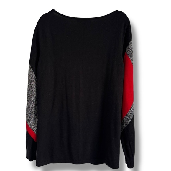 JONES NEW YORK COLLECTION BLACK RED SILVER METALLIC SWEATER KNIT TOP SZ XL - Picture 2 of 2